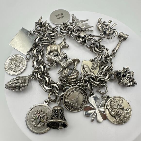 Vintage 925 sterling silver double cable links loaded 18 charms bracelet 94g - Picture 1 of 8